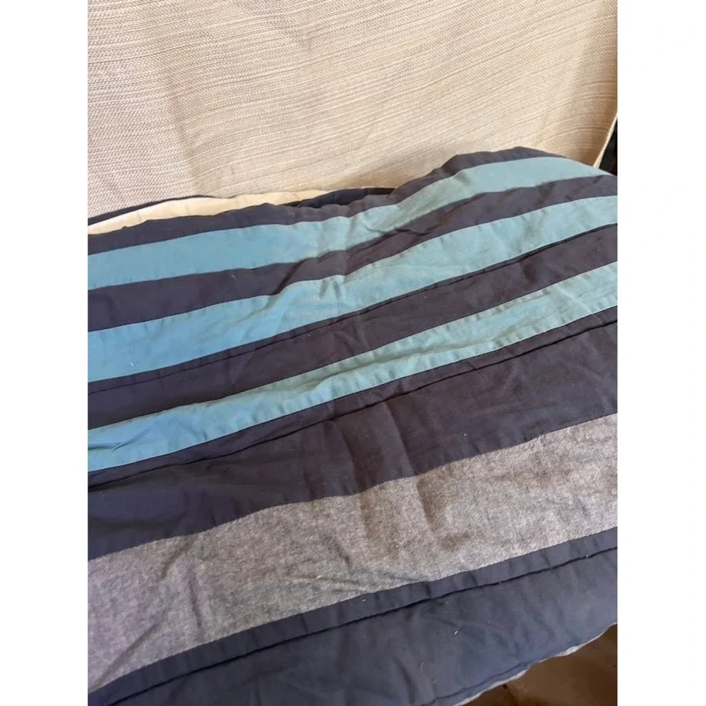 Pottery Barn Teen Queen Striped Comforter Navy Blue Grey Teal Embroidered PBteen